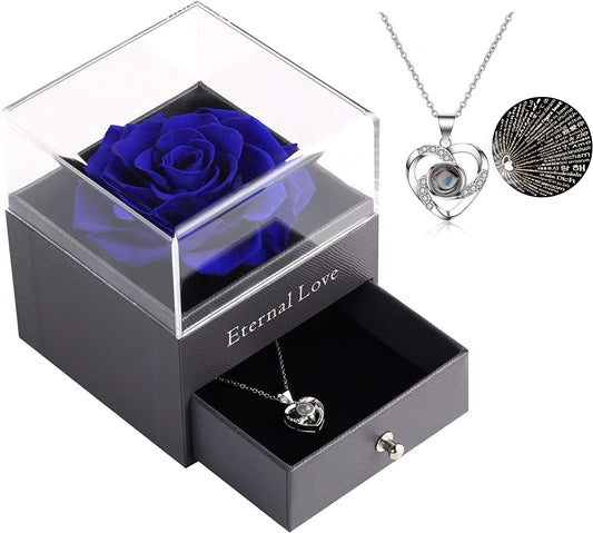 Mothers Day Flower Gifts for Her, Preserved Real Flower Rose with Silver-Tone Heart Necklace I Love You in 100 Languages Gift Set, Enchanted Flower Rose Gifts, Blue